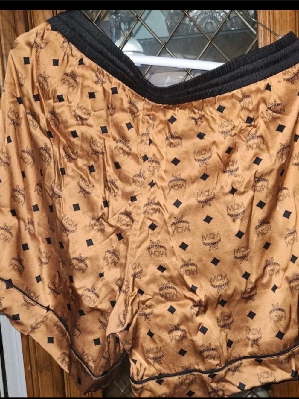 MCM Gold Satin Pajama Shorts with Black Trim
